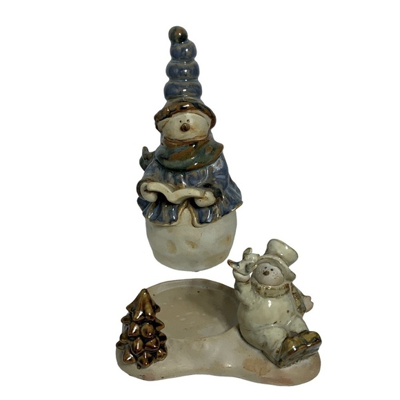 Holiday Candle Holder Set with Snowman Figurine Glazed Ceramic Christmas 2 Piece - Picture 7 of 13